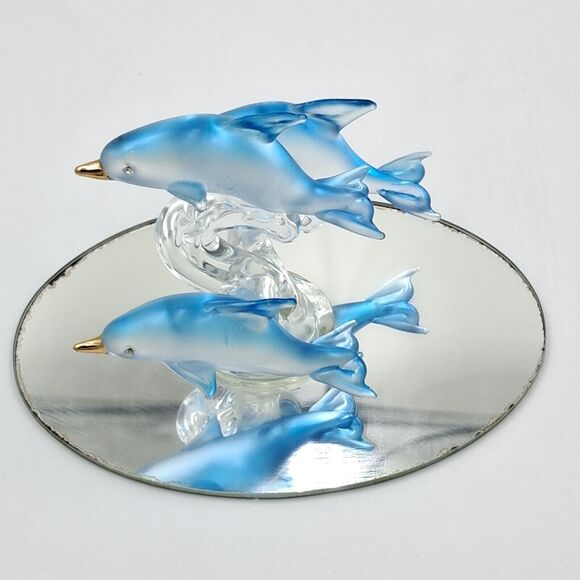 Vtg Blue Dolphins Glass Figurine Dolphin Trio on Mirror Base 3 1/4in tall" - Picture 2 of 13